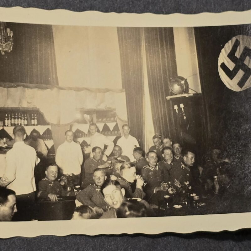 20260621_155735.jpg Wehrmacht Officers mess hall w Large Swastika Flag Banner WW2 German Third Reich NSDAP Photo
