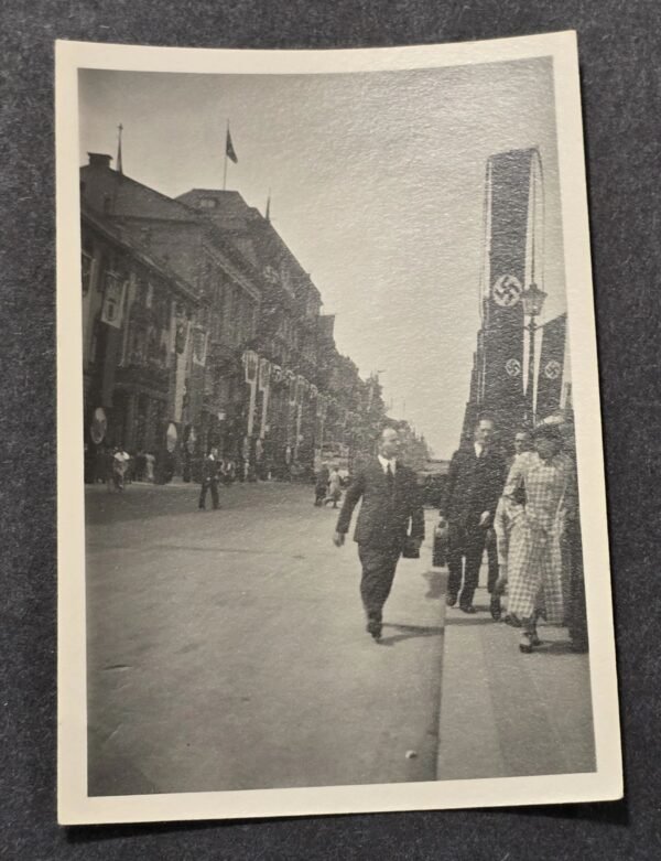20260621_155751.jpg NSDAP Swastika Flags Banners adorn German Street WW2 Third Reich Era Photo