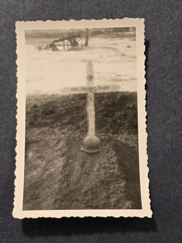 20260621_160018.jpg Killed in Action KIA Steel Helmet at Soldiers Iron Cross Grave WW2 German Third Reich Era Military Photo