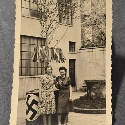 20260621_160551.jpg Third Reich NSDAP Women Frauen Pose w Swastika Decoration Flag WW2 German Photo