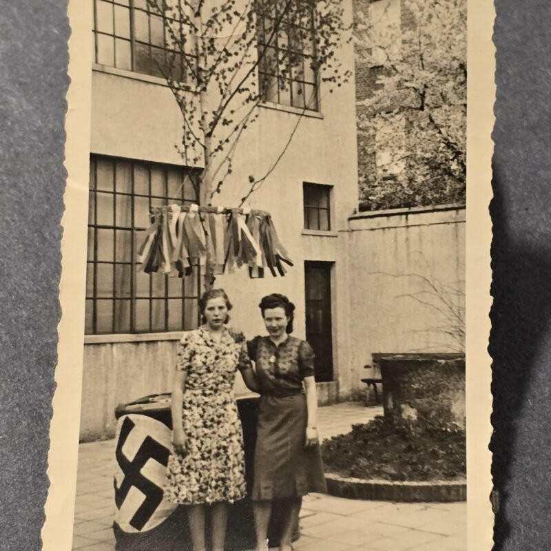 20260621_160551.jpg Third Reich NSDAP Women Frauen Pose w Swastika Decoration Flag WW2 German Photo