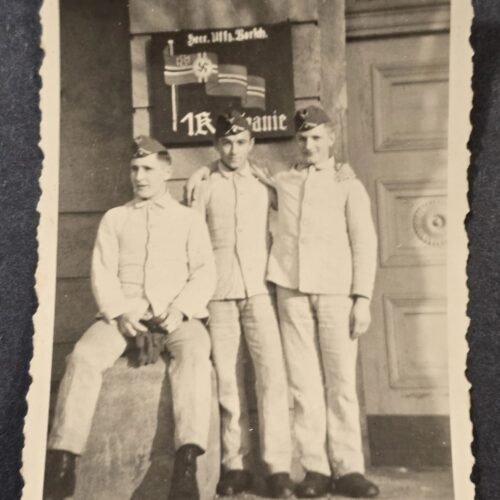 20260626_175400.jpg Swastika Battle Flag Enamel Sign Wehrmacht soldiers pose WW2 German Third Reich Era Photo
