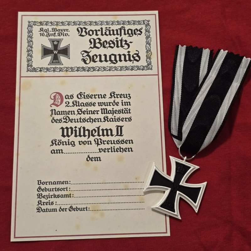 WWI Imperial German 1870 Iron Cross 2nd Class & Award Document