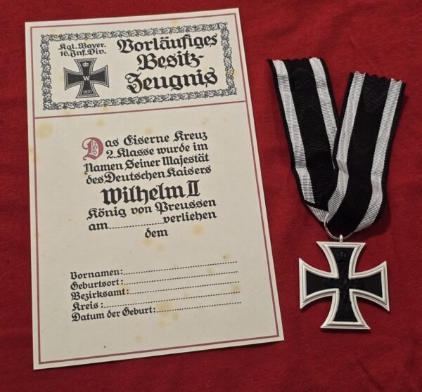 20260708_143809 WWI Imperial German 1813 Iron Cross EK2 Medal Ribbon & Award Document