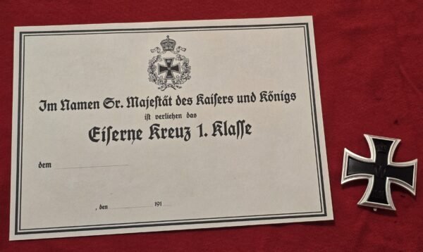 20260708_143918 WWI Imperial German 1914 Iron Cross 1st Class Pinback EK1 w Award Document