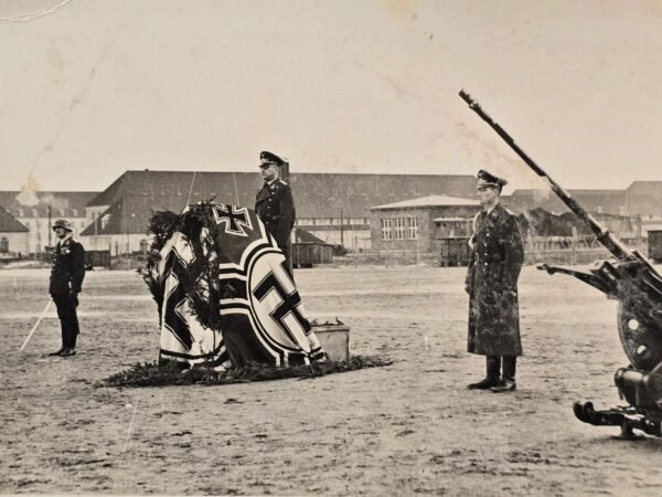 20260710_123155.jpg Luftwaffe Swastika Battle Flag w Flak Cannon - Officers Steel Helmet Guard w Sword Parade Photo WW2 German