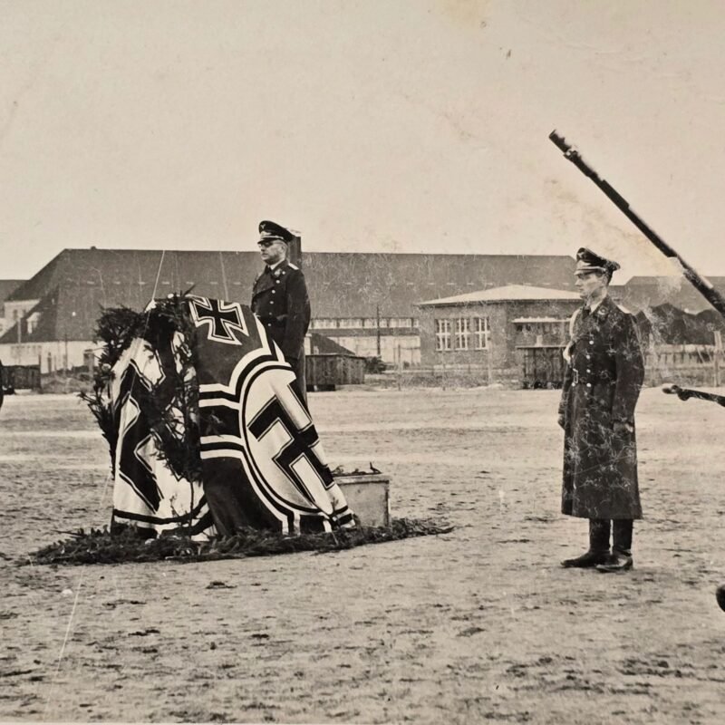 20260710_123155.jpg Luftwaffe Swastika Battle Flag w Flak Cannon - Officers Steel Helmet Guard w Sword Parade Photo WW2 German