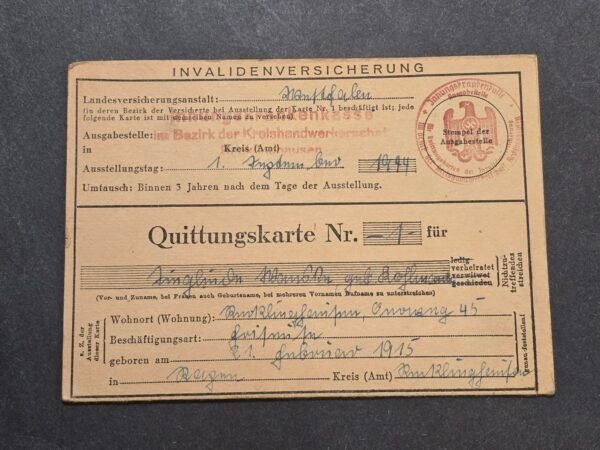 20260718_165208 WWII German 1944 Third Reich NSDAP Insurance Card Swastika Eagle Stamp