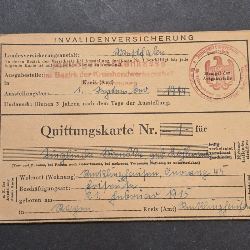 20260718_165208 WWII German 1944 Third Reich NSDAP Insurance Card Swastika Eagle Stamp