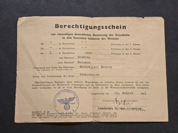 20260718_165335 WWII German Wehrmacht Reichsbahn Railway Travel Pass 1941 Occupied Belgium