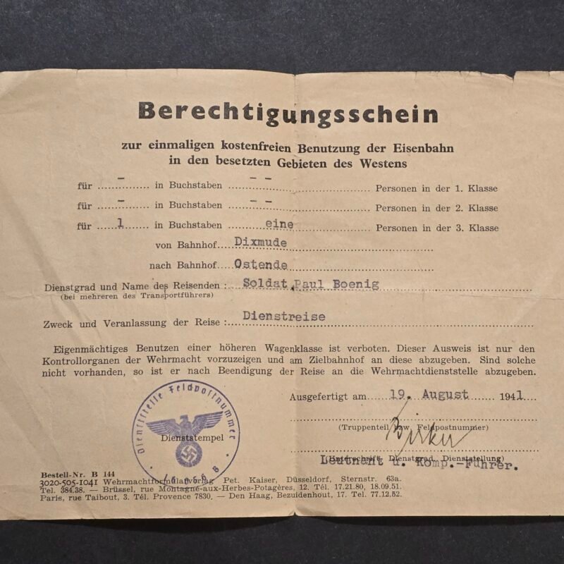 20260718_165335 WWII German Wehrmacht Reichsbahn Railway Travel Pass 1941 Occupied Belgium
