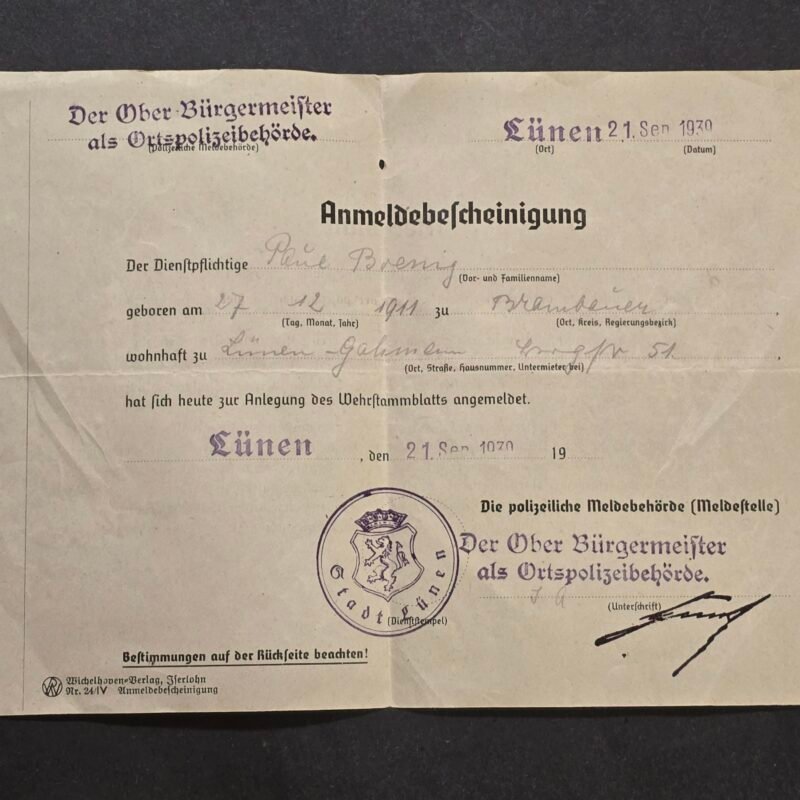 20260718_165401 1930 German Soldiers Wehrstammbuch Registration Document Lunen Military Service