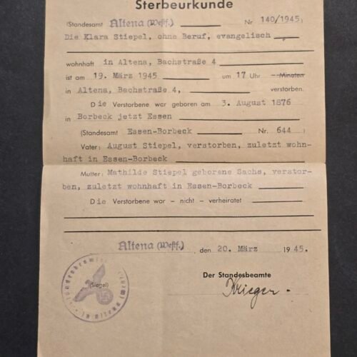 20260718_165426 WWII German 1945 Death Certificate Document Altena Swastika Eagle Seal