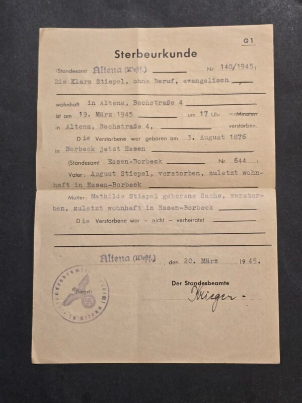 20260718_165426 WWII German 1945 Death Certificate Document Altena Swastika Eagle Seal