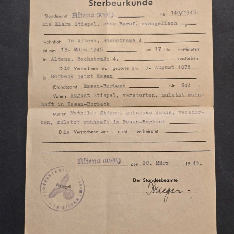 20260718_165426 WWII German 1945 Death Certificate Document Altena Swastika Eagle Seal