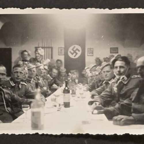 20260731_151333 Funny Little Hats! WWII German Wehrmacht Soldiers Mess Hall Photo Swastika Flag Banner