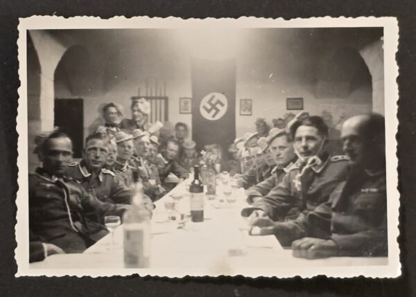 20260731_151333 Funny Little Hats! WWII German Wehrmacht Soldiers Mess Hall Photo Swastika Flag Banner