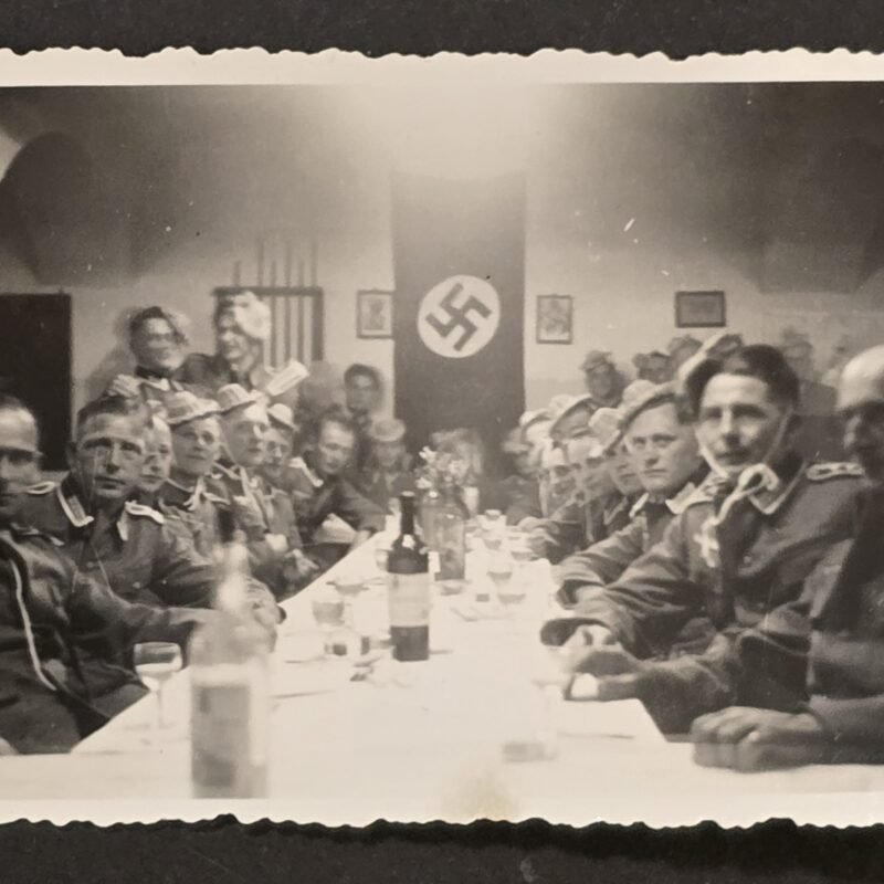 Funny Little Hats! WWII German Wehrmacht Soldiers Mess Hall Photo Swastika Flag Banner