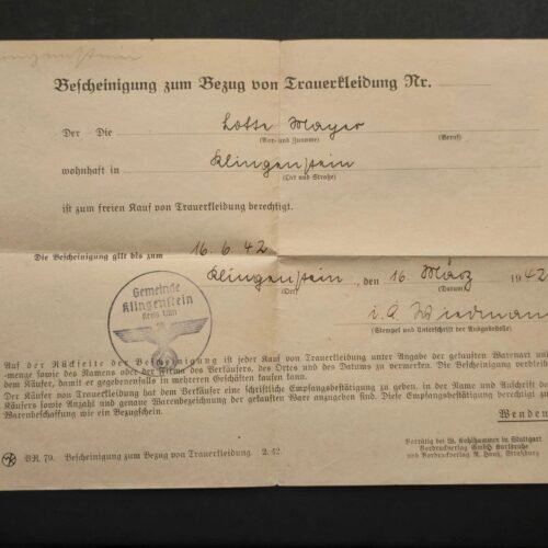 TR1-1.jpg Third Reich WWII German Certificate for Purchase of Mourning Clothes 1942 Document