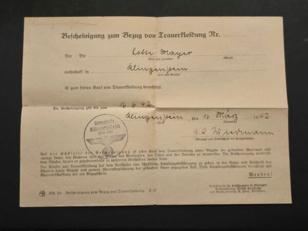 TR1-1.jpg Third Reich WWII German Certificate for Purchase of Mourning Clothes 1942 Document