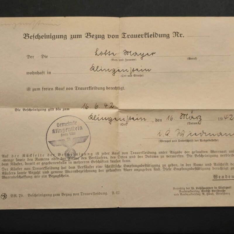 TR1-1.jpg Third Reich WWII German Certificate for Purchase of Mourning Clothes 1942 Document