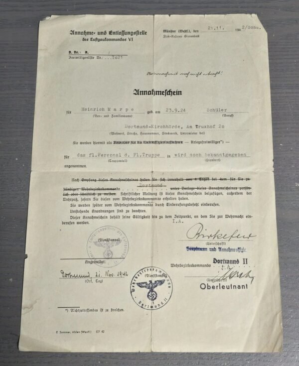 Untitled.jpg RARE WWII German Young 18 y/o Luftwaffe Acceptance Certificate Document 1942 Flieger Truppe