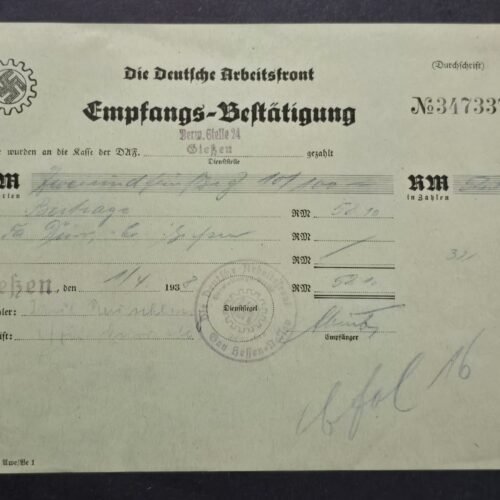 a1 WW2 Nazi German NSDAP Third Reich 1938 Deutsche Arbeitsfront DAF Document Receipt Swastika Emblem & Official Stamp