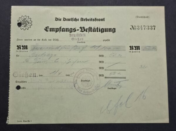 a1 WW2 Nazi German NSDAP Third Reich 1938 Deutsche Arbeitsfront DAF Document Receipt Swastika Emblem & Official Stamp