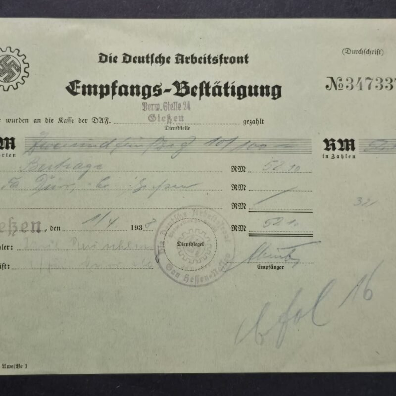 WW2 Nazi German NSDAP Third Reich 1938 Deutsche Arbeitsfront DAF Document Receipt Swastika Emblem & Official Stamp