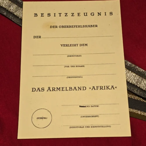 Afrika Korps DAK Cuff Title w Award Document WW2 German Military