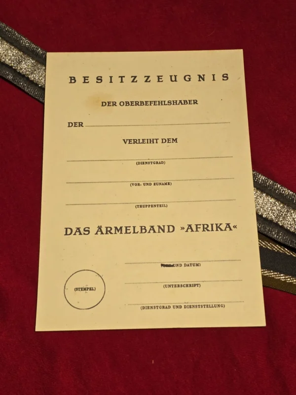 Afrika Korps DAK Cuff Title w Award Document WW2 German Military