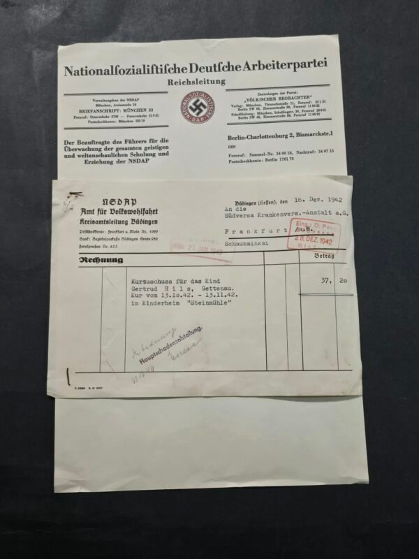 WWII Nazi German Third Reich NSDAP Reichsleitung Letterhead & NSV Volkswohlfahrt 1942 Document