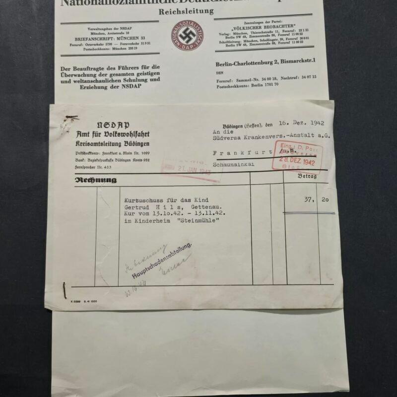 WWII Nazi German Third Reich NSDAP Reichsleitung Letterhead & NSV Volkswohlfahrt 1942 Document
