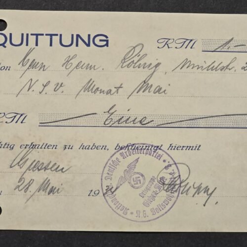 d10 WWII Nazi German Third Reich NSDAP Deutsche Arbeitsfront DAF Receipt – Swastika Eagle Stamp