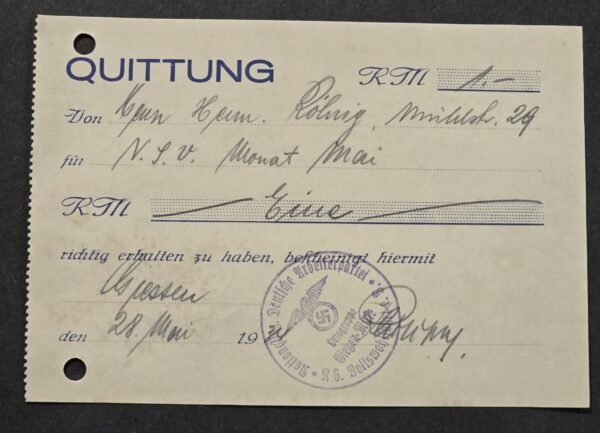 d10 WWII Nazi German Third Reich NSDAP Deutsche Arbeitsfront DAF Receipt – Swastika Eagle Stamp