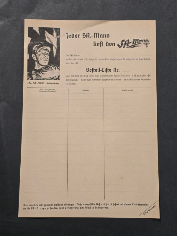 d6 WW2 Nazi German NSDAP Third Reich SA-Mann Stormtrooper Newspaper Subscription Order List Form Sturmabteilung
