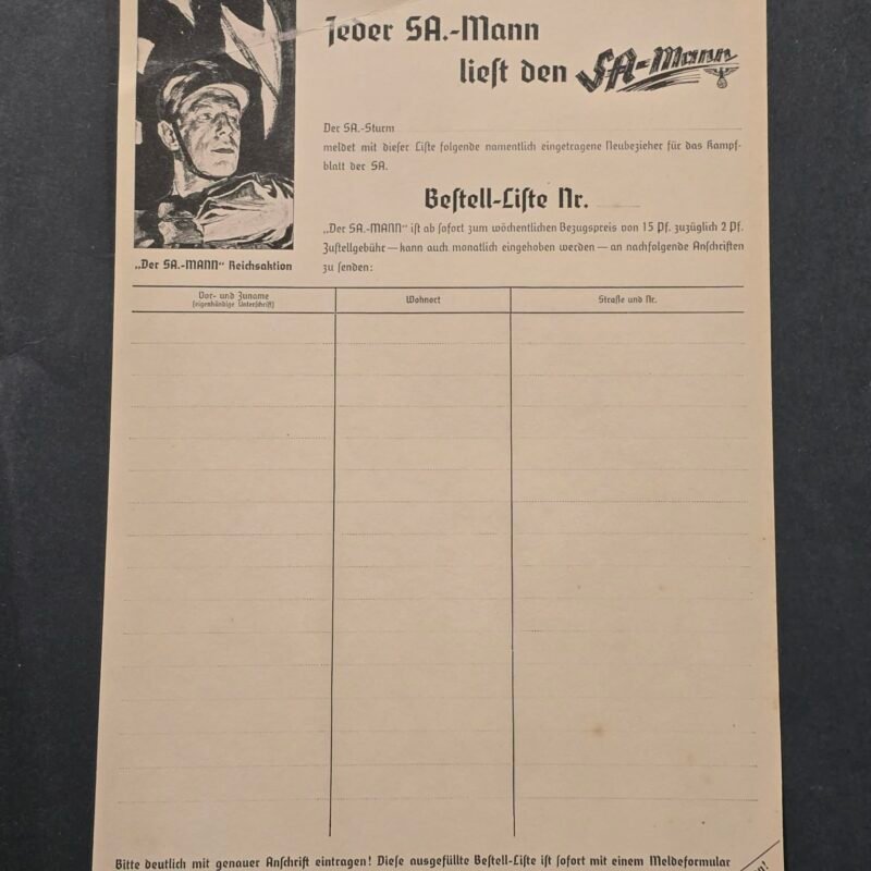 WW2 Nazi German NSDAP Third Reich SA-Mann Stormtrooper Newspaper Subscription Order List Form Sturmabteilung