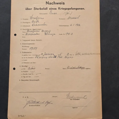EXECUTION??!! WWII German Soviet POW Death Certificate 1945 Russian Prisoner War Document