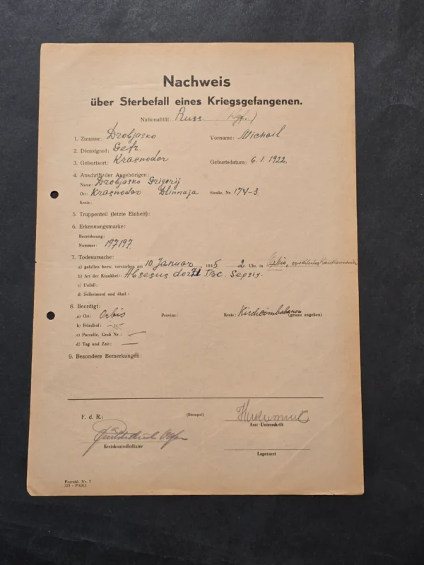 EXECUTION??!! WWII German Soviet POW Death Certificate 1945 Russian Prisoner War Document