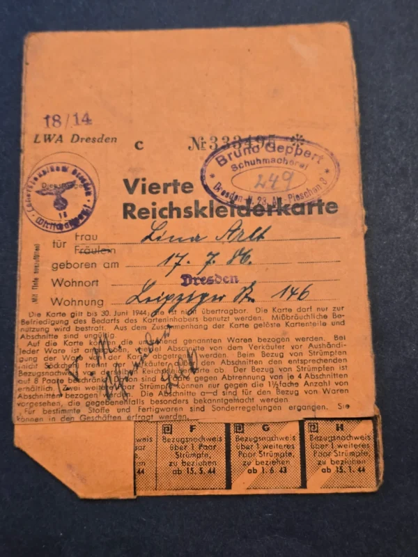 Lot of Third Reich Nazi German Wartime Clothing Ration Cards w/ Consecutive Numbers – WWII Era – Matching Set
