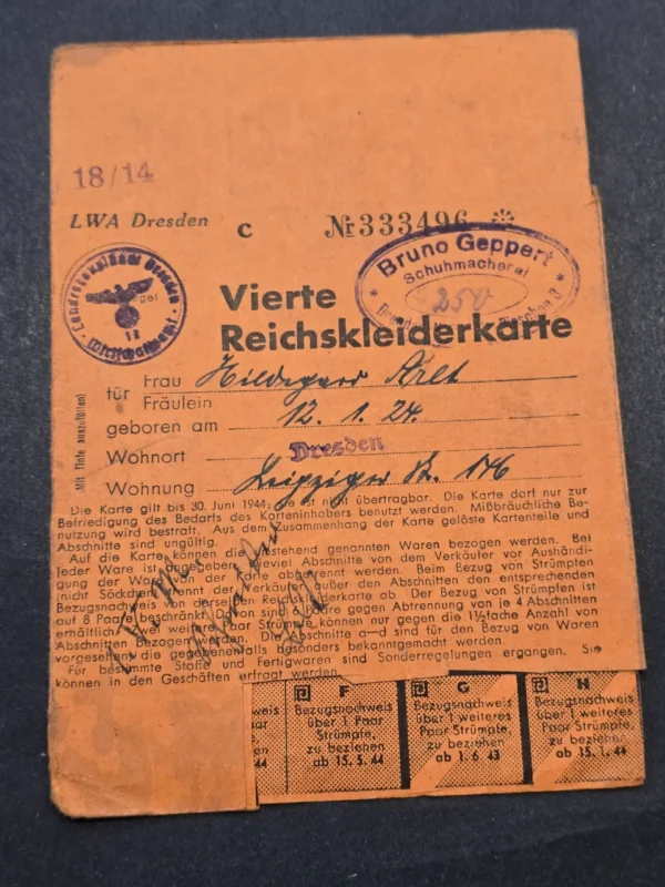 Lot of Third Reich Nazi German Wartime Clothing Ration Cards w/ Consecutive Numbers – WWII Era – Matching Set