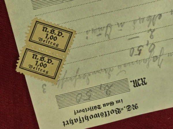 Nazi German Third Reich 1938 NS-Volkswohlfahrt (NSV) Gau Düsseldorf Receipt w Attached Contribution Stamps
