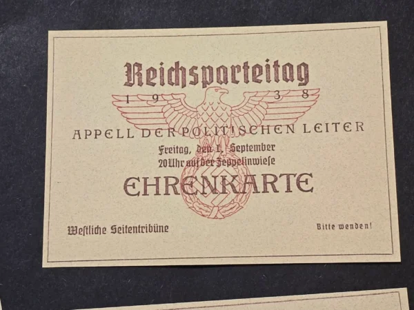 NSDAP German Third Reich 1938 Reichsparteitag Ehrenkarte Honor Pass Ticket Lot of 7 Nuremberg Rally