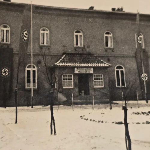 NSDAP Third Reich DAF Center Building w Swastika Cogwheel Flags Banners