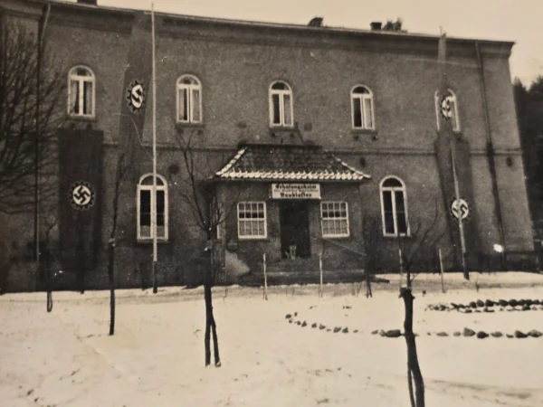 NSDAP Third Reich DAF Center Building w Swastika Cogwheel Flags Banners