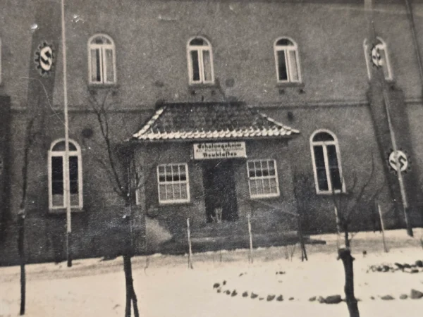 NSDAP Third Reich DAF Center Building w Swastika Cogwheel Flags Banners