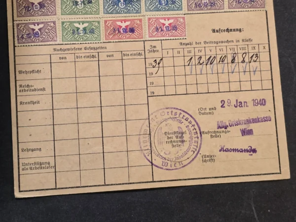 Original German Third Reich 1939 German Winter Relief (WHW) Savings Card w Complete Stamp Set 1940 Wien (Vienna)