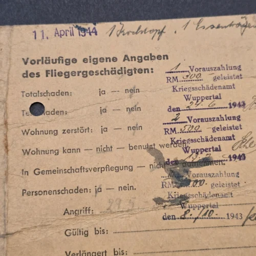 Rare WW2 German 1943-44 Third Reich NSDAP Wuppertal Fliegergeschädigte Air Raid Victim ID Card