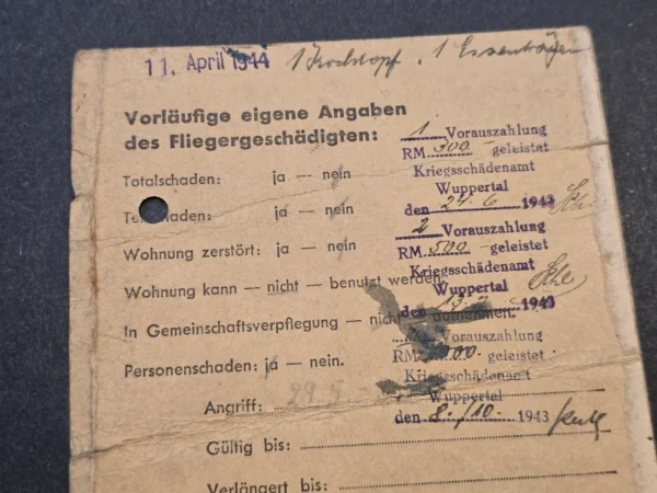 Rare WW2 German 1943-44 Third Reich NSDAP Wuppertal Fliegergeschädigte Air Raid Victim ID Card