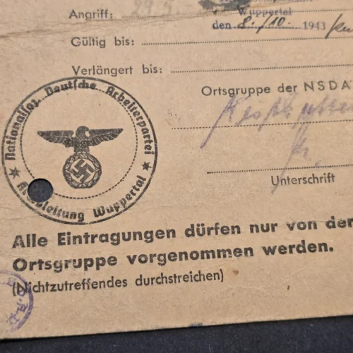 Rare WW2 German 1943-44 Third Reich NSDAP Wuppertal Fliegergeschädigte Air Raid Victim ID Card